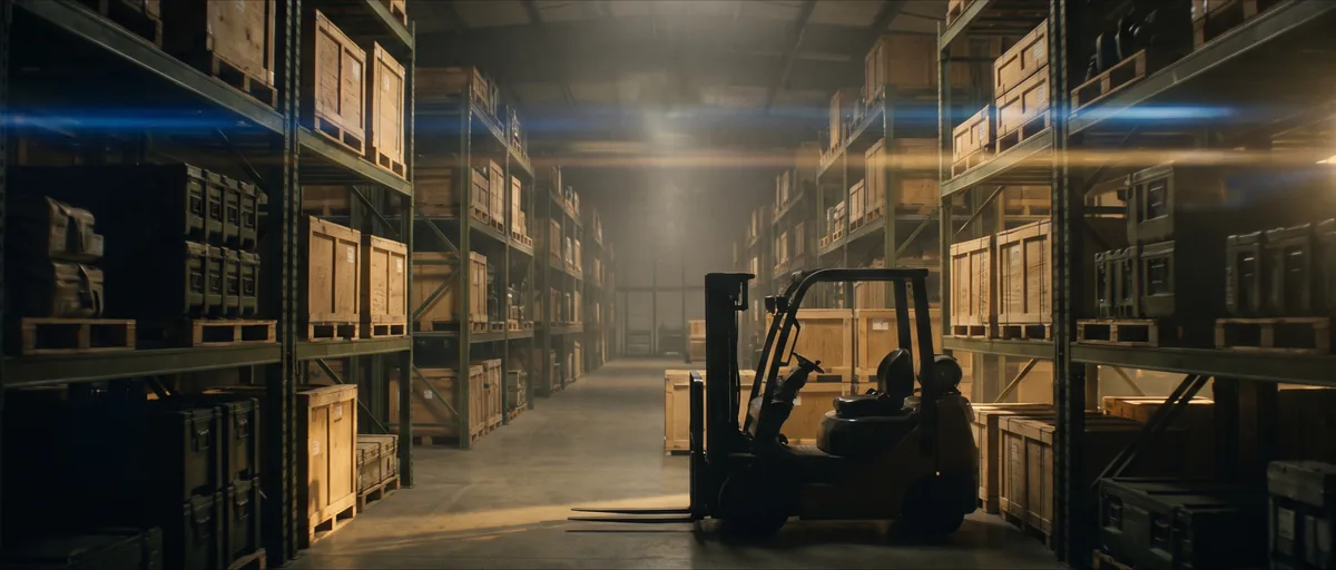 Secure federal logistics warehouse with organized supply crates at night