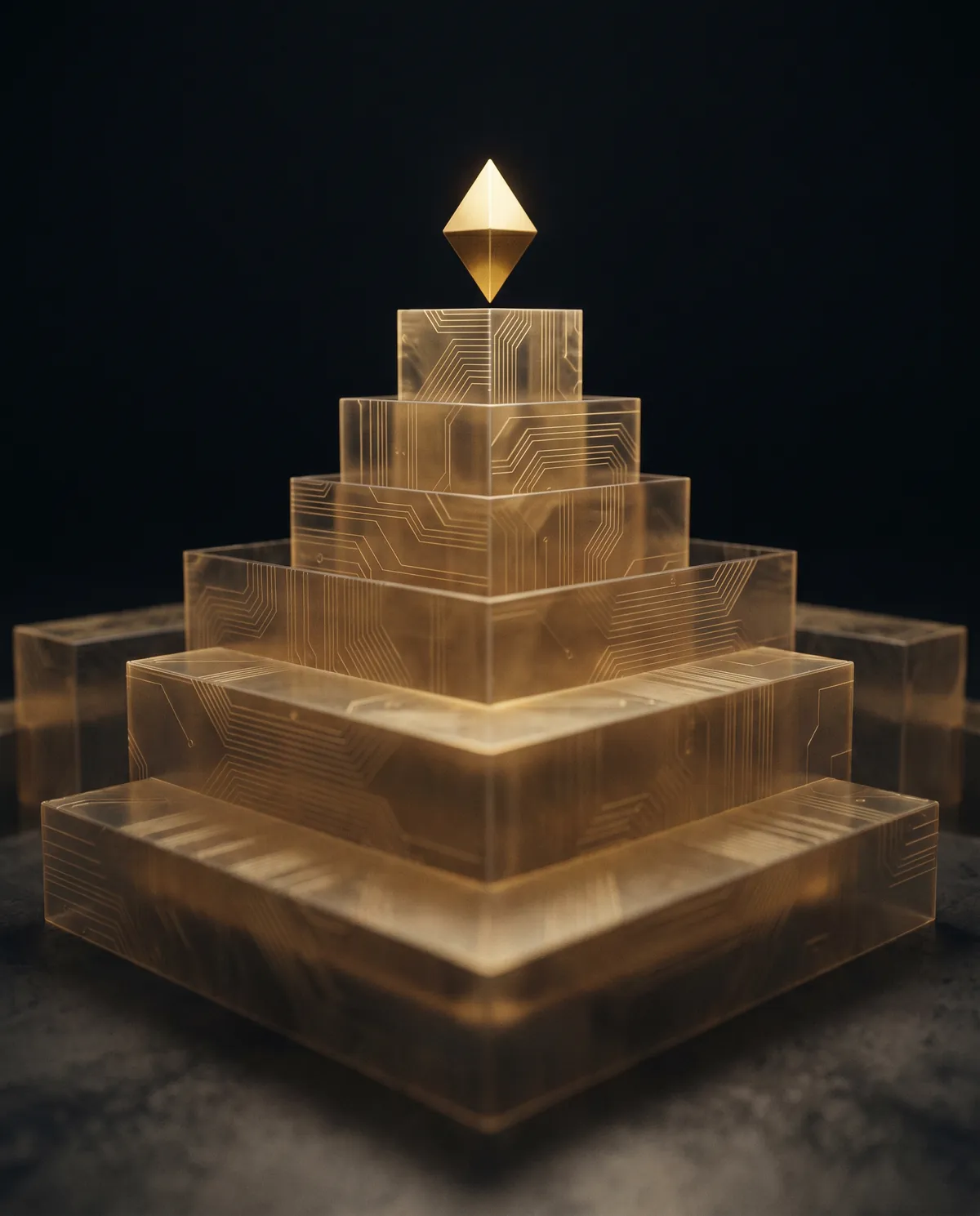 Layered gold planes forming a governed architecture with a diamond at the apex